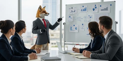 Fox presenting to a room of colleagues